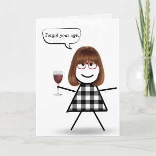 Carte Stick Girl with Red Wine Belated Anniversaire