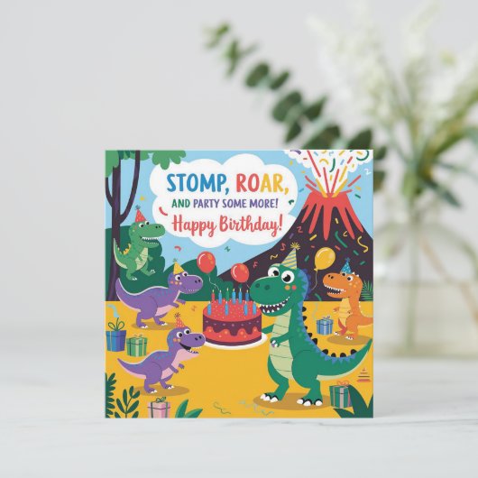 Carte "Stomp, Rar & Fête Un Peu Plus Dino Kids Design (Debout devant)