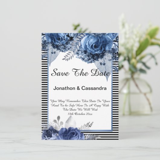 CARTE STRIPÉ BLACK BLUE FLORAL BORDER ENREGISTRER LA DAT (Debout devant)