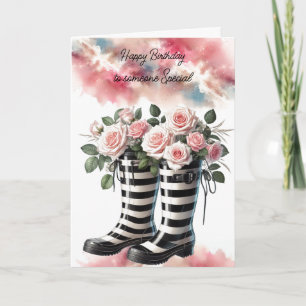 Carte Striped Rainboots et Roses pour un Anniversaire