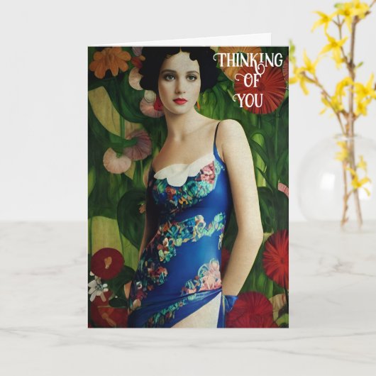 Carte Style Art Déco Elégant Femme avec Grandes Fleurs A (Fleur jaune)