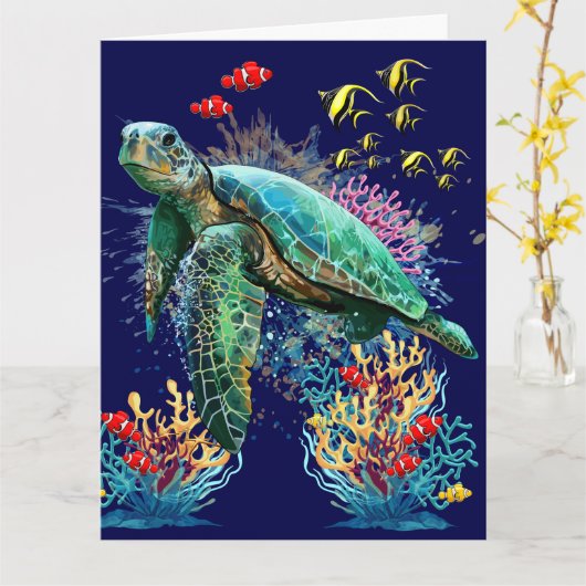 Carte Style d'aquarelle sous-marine de tortue marine (Fleur jaune)