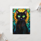Carte Style de vitrail Chat noir charmant Yeux verts (Devant/Arrière en situation)