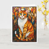 Carte Style de vitrail chat orange yeux bleus (Fleur jaune)