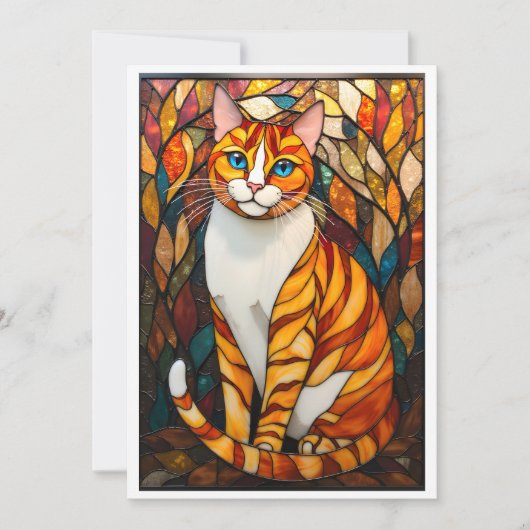Carte Style de vitrail Chat orange Yeux bleus à plat (Devant)