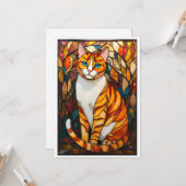 Carte Style de vitrail Chat orange Yeux bleus à plat (Devant/Arrière en situation)