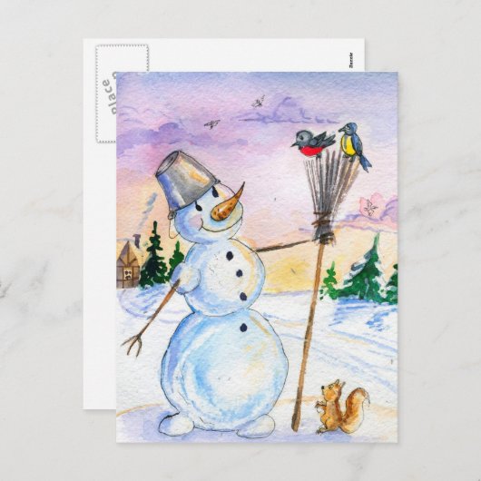 Carte style russe de Noël snowman (Devant / Derrière)