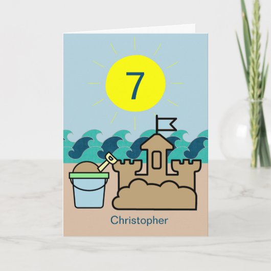Carte Summer Beach Blue Pail Sandcastle 7e anniversaire (Devant)