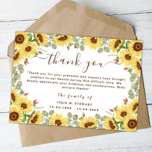 Carte Sunflowers Eucalyptus Funérailles Merci Note