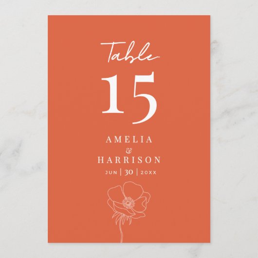 Carte Sunset Orange Mariage élégant 5x7 Numéro de tablea (Dos)