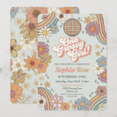 Carte Super fille 1er anniversaire, les années 70 thème  (Devant / Derrière)