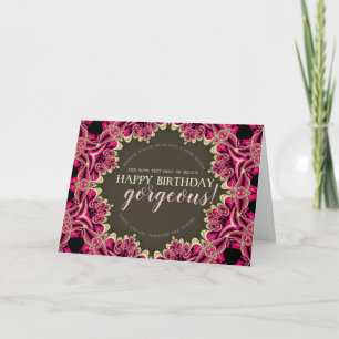 Carte Superbe anniversaire dentelle fractale rose chaud
