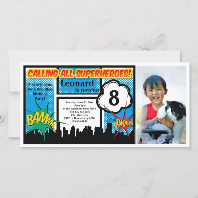 Carte Superhero coloré Comic Boy's Birthday Party (Devant)