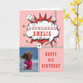 Carte Superhero Comic Speech Bubble Girl Birthday Photo (Fleur jaune)