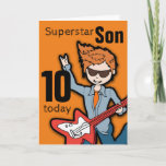 Carte Superstar Son 10e Birthday<br><div class="desc">This card says "Superstar Son 10 today. Inside Joyeux anniversaire. Or customise with your own words. Fun card featuring a boy with red hair and light skin illustration and design by Sarah Trett. www.sarahtrett.com</div>