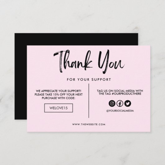 Carte Support en Merci noir et rose (Devant / Derrière)