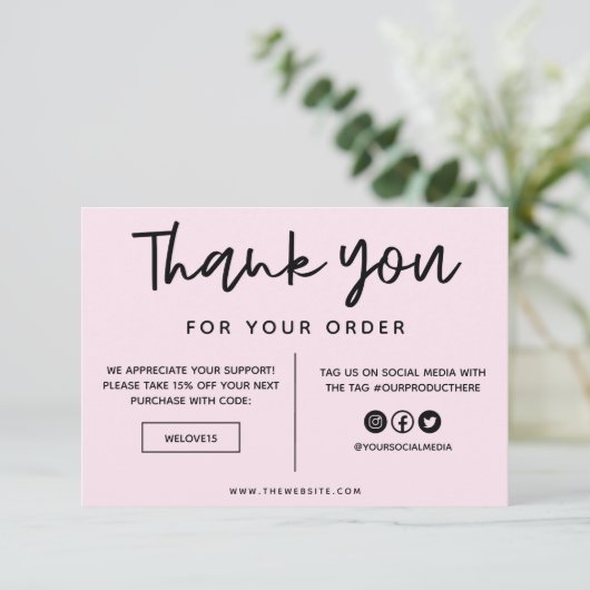 Carte Support en Merci noir et rose (Debout devant)