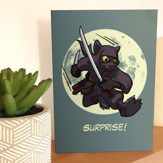 Carte Surprise ! Cartoon noir Ninja Flying Kick