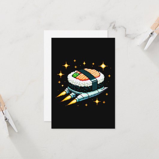 Carte Sushi Spacship Pixel Art Flying Sushi Roll Design (Devant/Arrière en situation)