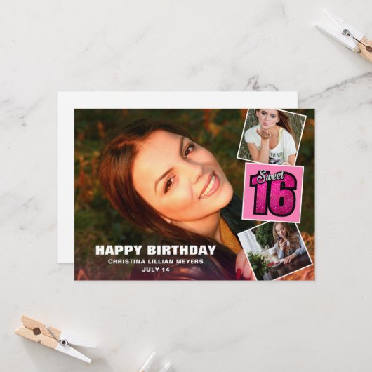 Carte Sweet 16 Anniversaire 4 Photo Collage Card (Devant/Arrière en situation)
