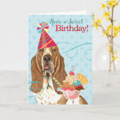 Carte Sweet Birthday Basset Hound (Fleur jaune)
