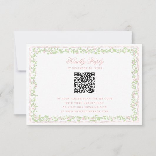 Carte Sweet Blush Pink Floral Frame RSVP w/ Bow QR Code (Devant)