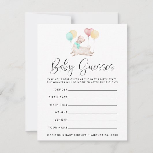 Carte Sweet Llama Baby shower jeu de devis (Devant)