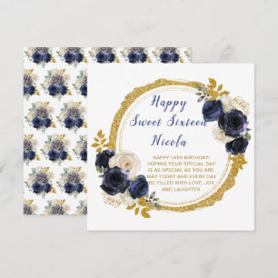 Carte Sweet sixteen de fleurs élégantes bleu marine et o