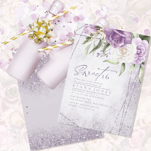 Carte Sweet sixteen floral étincelantes Mauve ID912