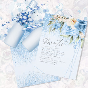 Carte Sweet sixteen floral étincelants bleu ID912