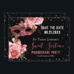 Carte Sweet sixteen mascarade rose Enregistrer la date<br><div class="desc">Parties scintillant de fille avec une typographie de nom de script sophistiquée. Roses roses et bordure en faux parties scintillant. Masque de mascarade rose fantaisie. Idéal pour fêtes douces de 16. Tout le texte est réglable. Beau design floral et faux parties scintillant scintillant. Save the date</div>