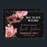 Carte Sweet sixteen mascarade rose Enregistrer la date<br><div class="desc">Parties scintillant de fille avec une typographie de nom de script sophistiquée. Roses roses et bordure en faux parties scintillant. Masque de mascarade rose fantaisie. Idéal pour fêtes douces de 16. Tout le texte est réglable. Beau design floral et faux parties scintillant scintillant. Save the date</div>