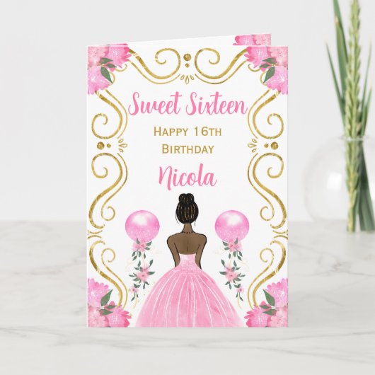 Carte Sweet sixteen Peau foncée Princesse rose Anniversa (Devant)