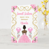 Carte Sweet sixteen Peau foncée Princesse rose Anniversa (Fleur jaune)