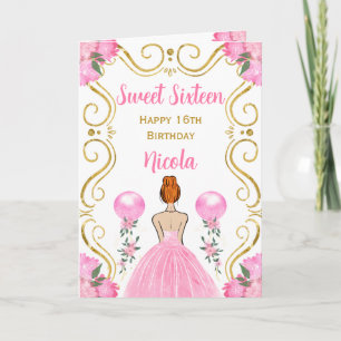 Carte Sweet sixteen Red Hair Princesse rose Anniversaire