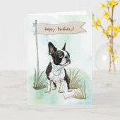 Carte Symbole d'anniversaire de Boston Terrier Dog en pl (Fleur jaune)