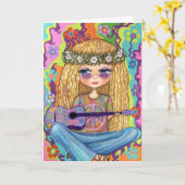 Carte Symbole de Paix de Guitare violette Chick Hippie C (Fleur jaune)