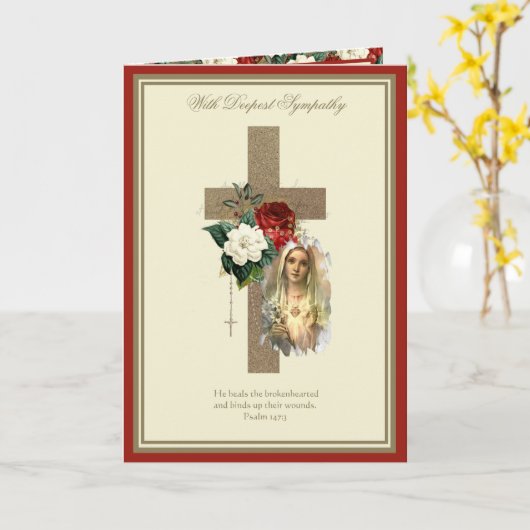 Carte Sympathie catholique Vierge Marie Jésus Rouge Rose (Fleur jaune)