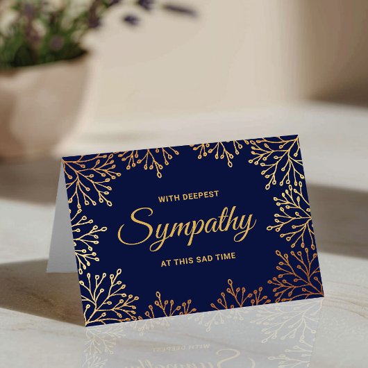 Carte Sympathie florale simple Navy Blue & Gold Foil