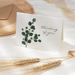 Carte Sympathie simple Eucalyptus verte<br><div class="desc">Ce design est composé d'une simple aquarelle d'une branche d'eucalyptus et de feuilles, avec les mots "penser à vous" en écriture manuscrite verte. A l'intérieur est le message "avec la plus profonde sympathie pour votre perte" dans le script vert correspondant. Laissez le texte tel quel ou customisez-le avec votre propre...</div>