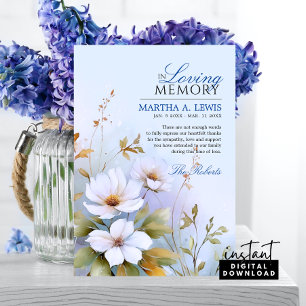 Carte Sympathy Funeral Blanc Fleur sauvage Bleu Merci