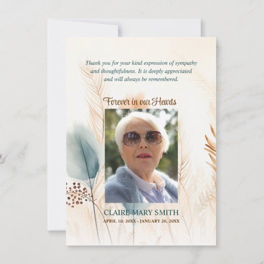 Carte Sympathy Funeral Pampas Grass Beige Bleu PHOTO (Dos)