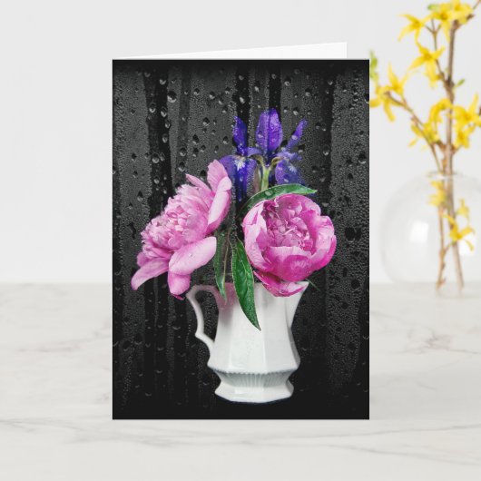 Carte Sympathy Pink Peonis et Iris avec Raindrops (Fleur jaune)