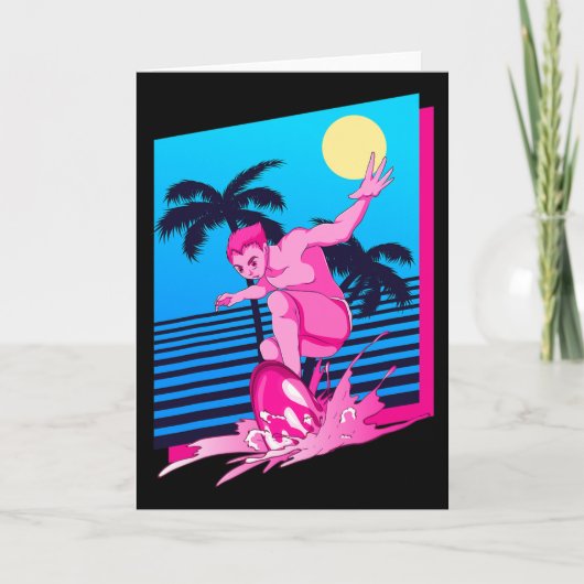 Carte Synthwave Surfeur Coucher de Soleil Palmiers Surf (Devant)
