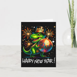 Carte T Rex Bonne Année 2026 Disco Balle Feux d'Artifice