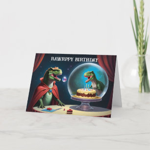 Carte T-Rex regarde le gâteau à l'intérieur du stand de 