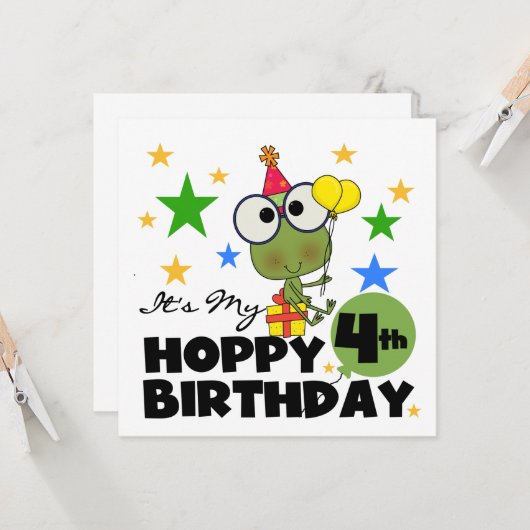 Carte T-shirts et cadeaux 4th Birthday Frog Hoppy (Devant/Arrière en situation)