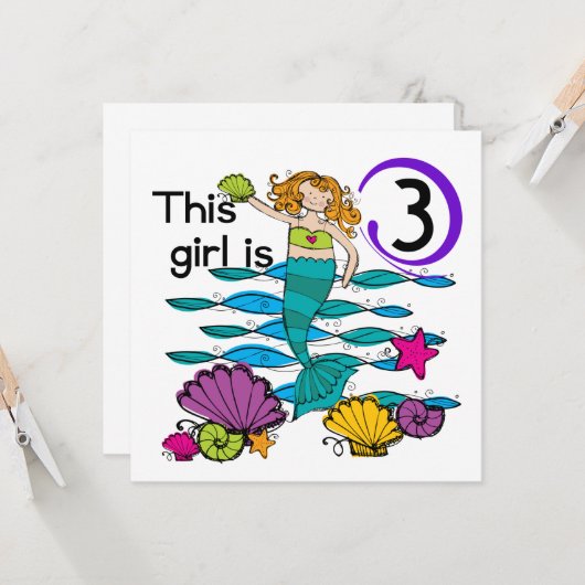 Carte T-shirts et cadeaux Mermaid 3e anniversaire (Devant/Arrière en situation)