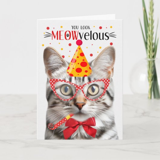 Carte Tabby Argent Chat MEOWvelous Anniversaire (Devant)
