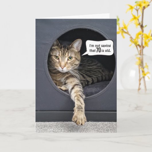 Carte Tabby Cat 70e Humour d'anniversaire (Fleur jaune)